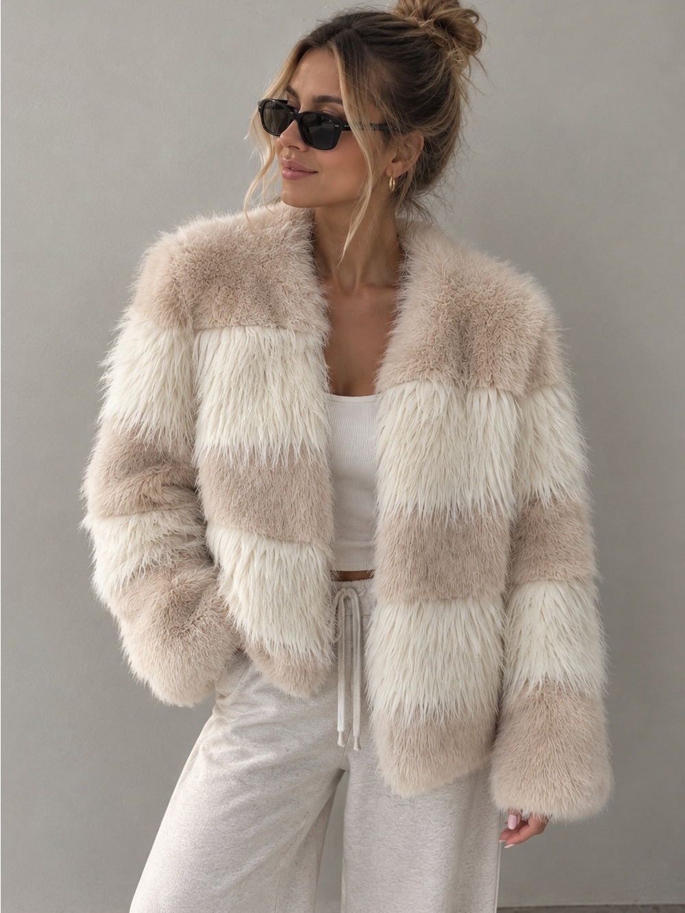 Zara Striped Teddy Fur Jacket in Beige & Cream